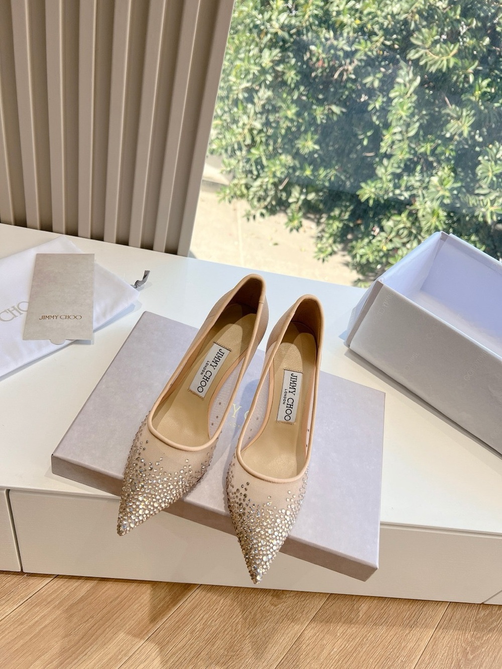 Jimmy Choo Nude Crystal Pointed Toe Heels